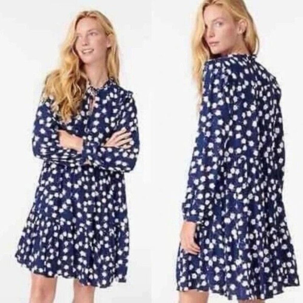 J. Crew Women’s tiered floral midi dress Tie neck Medium size Navy purple - Picture 2 of 14